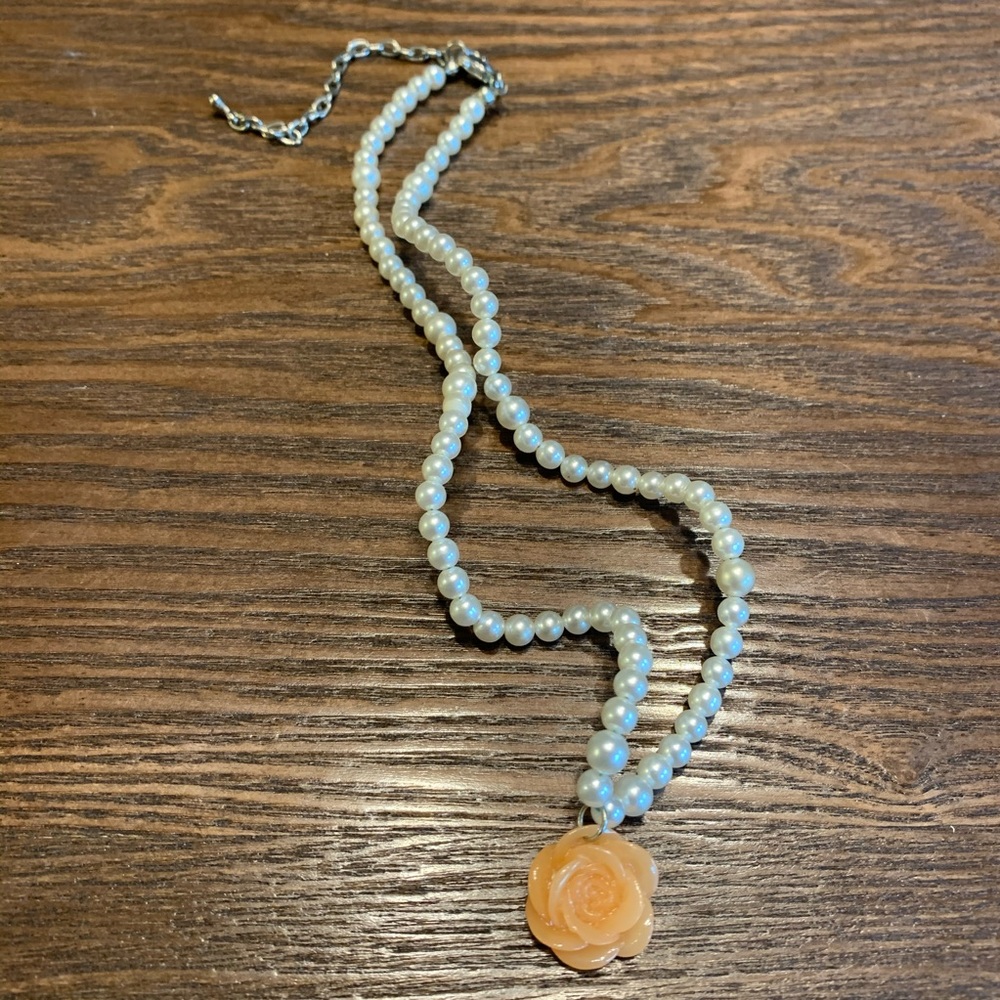 Mid Length Pearl and Peach Rose Adjustable Necklace ONE OF A KIND HANDMADE NWOT